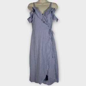 BP Size Small Blue & White Striped Faux Wrap Dress